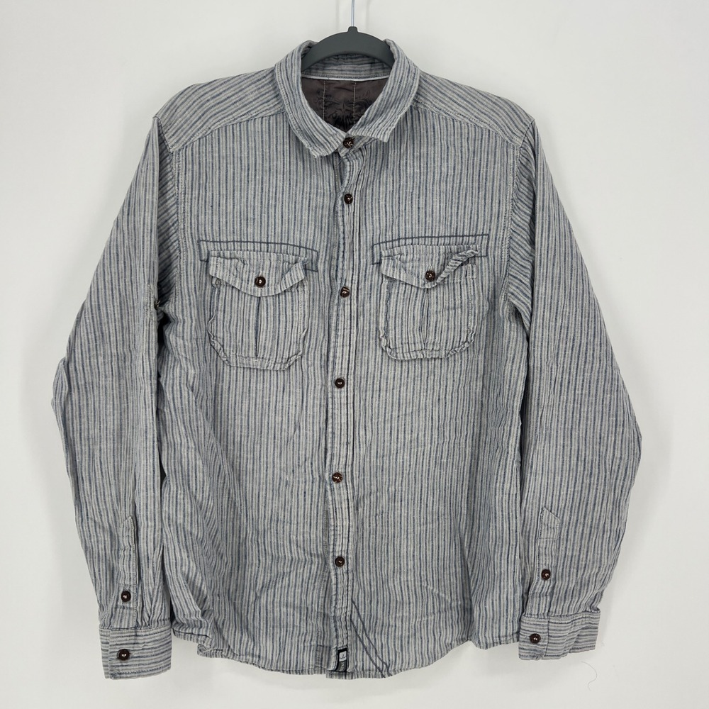 Prana Mens Medium Organic‎ Cotton Hemp Button Up Shirt Blue Striped Long Sleeve